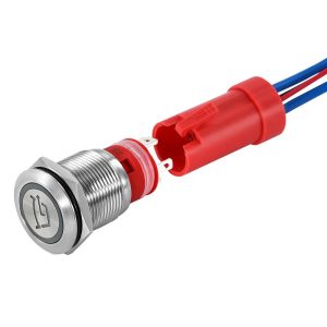 BILGE PUMP icon Latching 19mm 10A 20A High current single illuminated waterproof stainless steel push button switch with wiring