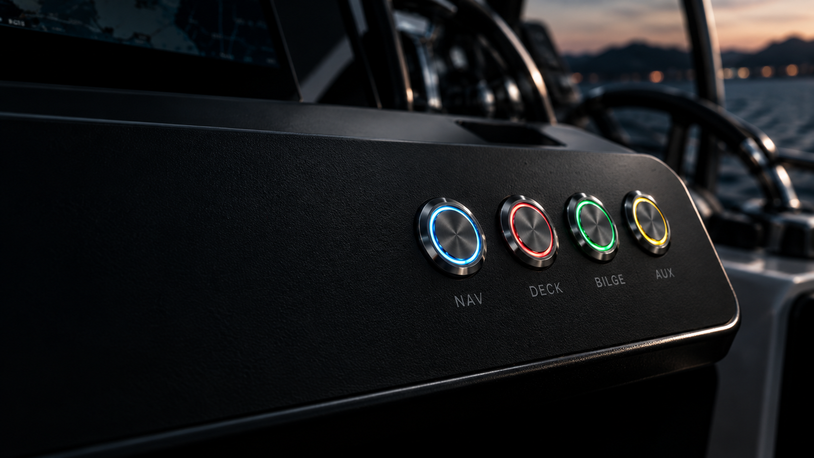 Concept visualisation of a custom panel with ring-lit stainless switches